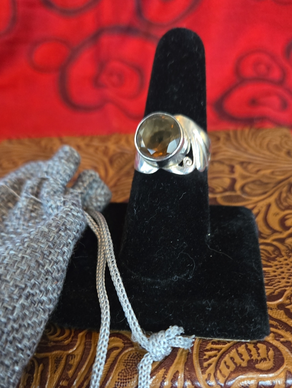 Modernist, Sterling, bezel set Smoky Quartz, sculptural Cocktail Ring & Pouch